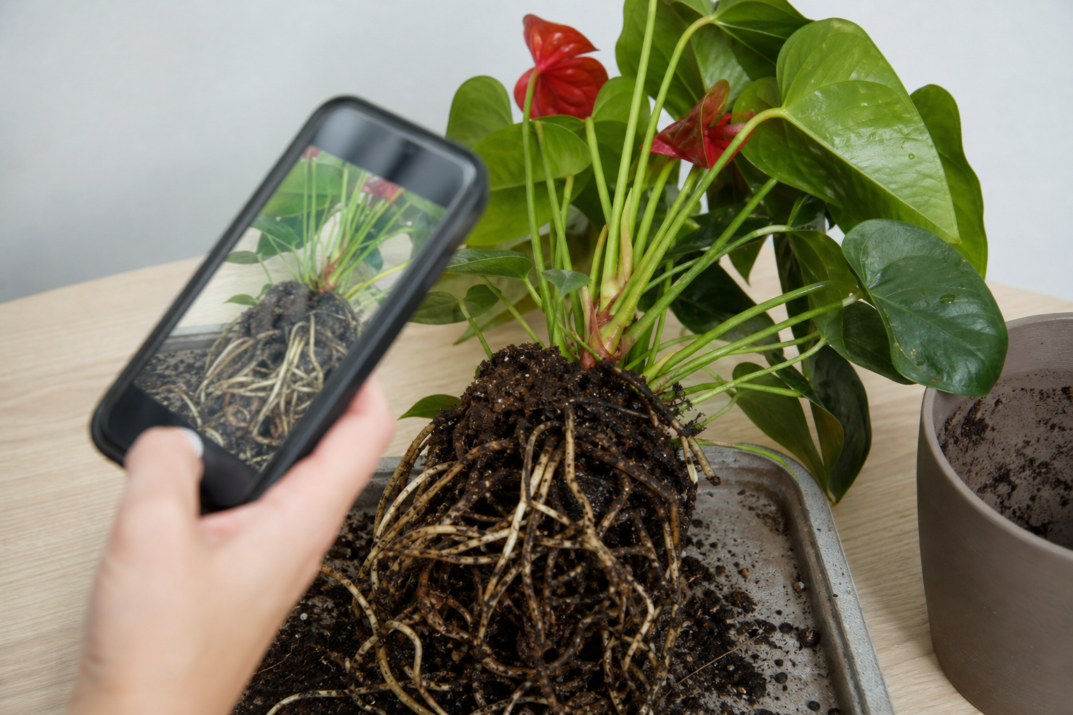 Root rot visual with smartphone photo framing to suggest diagnosis by taking pictures.
