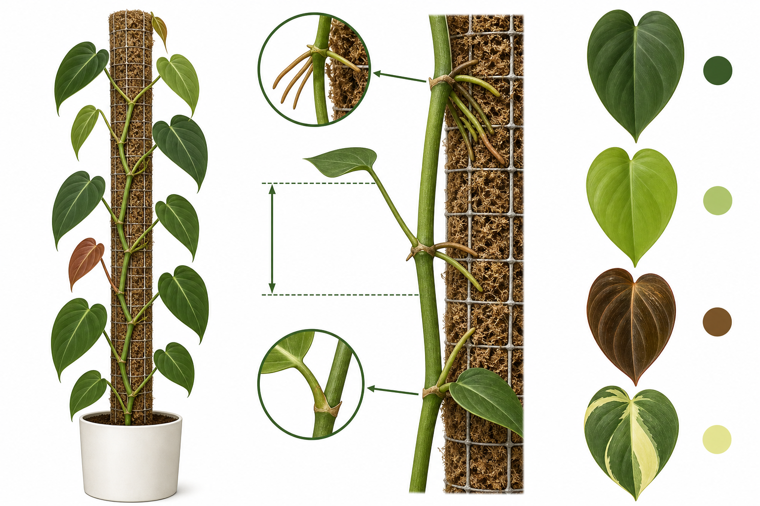 How climbing structure and aerial roots support philodendron grimpants growth.