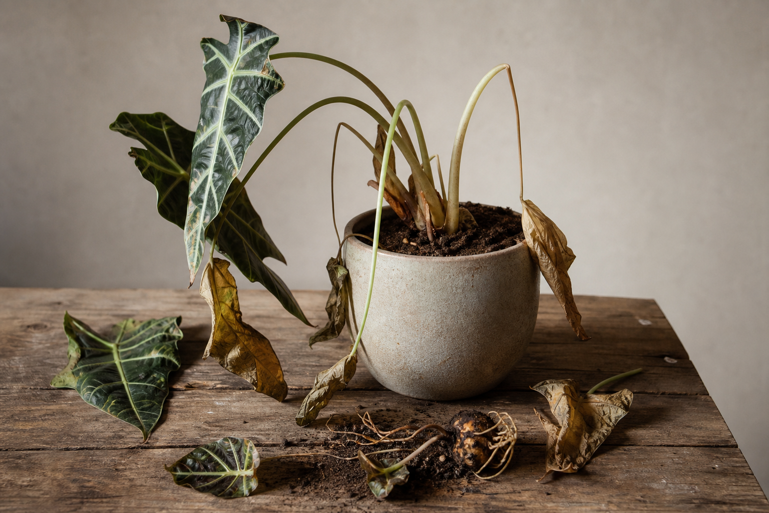 Alocasia : dormance, corme et feuilles qui tombent